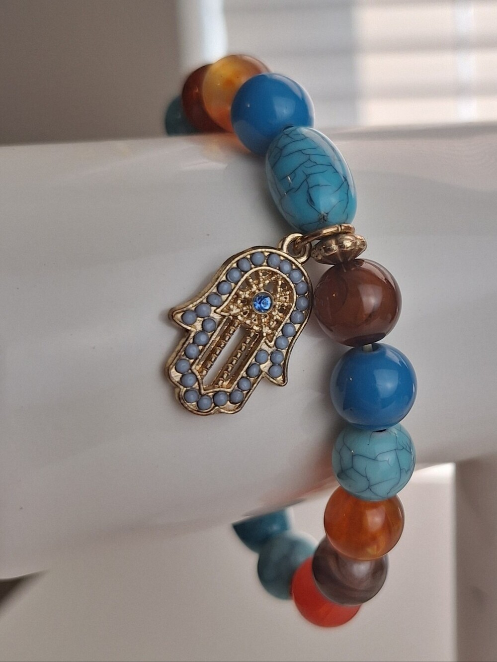 Hamsa Hand Charm Beaded Stretch Bracelet Faux Gemstone Beads